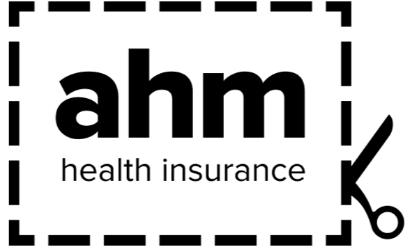 A black-and-white illustration of the AHM health fund framed by a pair of scissors cutting around the border.