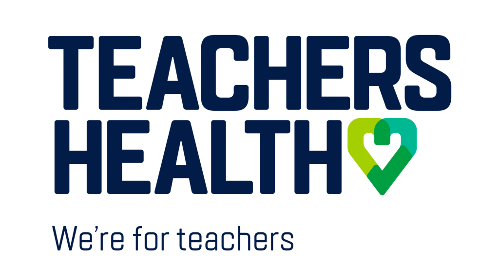Teachers Health logo in large dark blue text and a green heart with the tagline, 'We're for teachers'.
