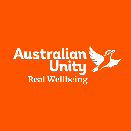 White text Australian Unity logo stylised with a white bird against an orange background and the tagline 'Real Wellbeing'.